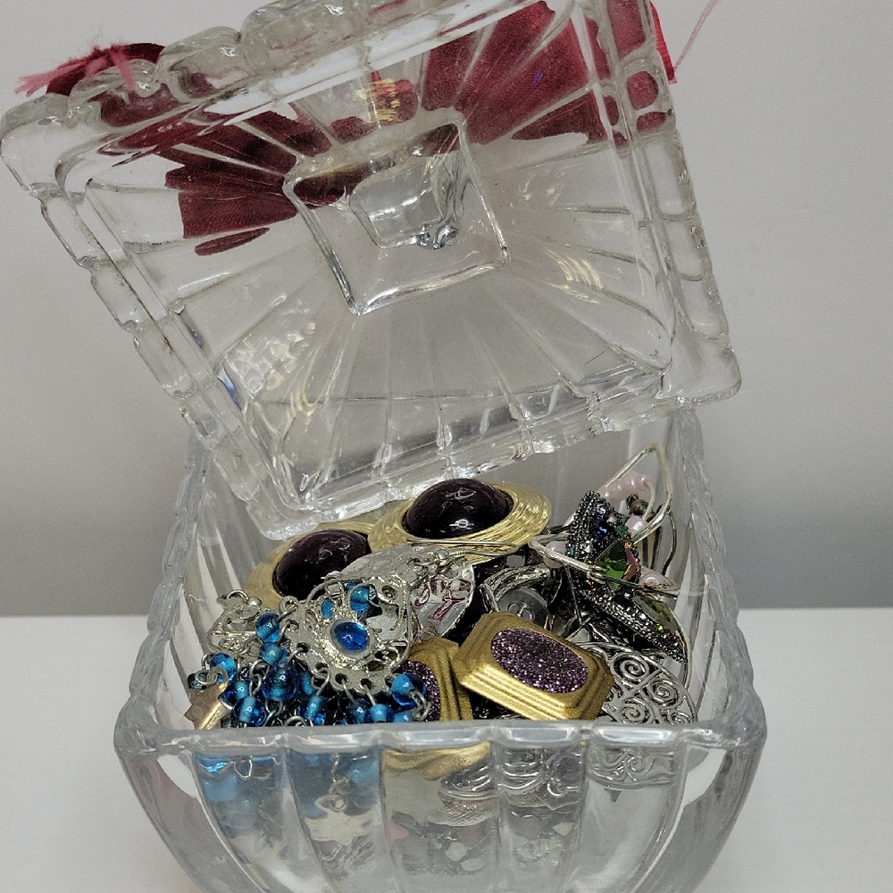 Clear Glass Trinket Box Filled with Earrings